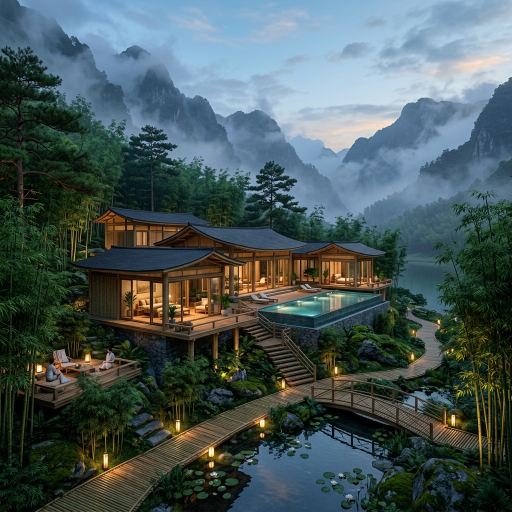 A peaceful minimalist meditation hall with polished dark teak wood floor, zen stone garden, warm glowing paper lantern light, lush tropical greenery, realistic 8k resolution